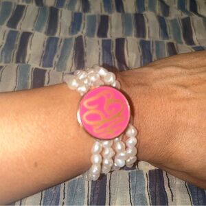 Natural 4-Strand Baby Pearl Stretch Bracelet W/ Hot Pink and Gold Letters “KCJ”